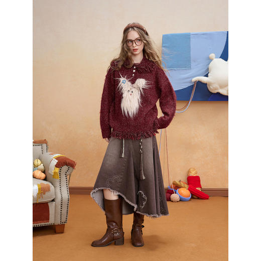 两三事 樱桃奶泡 2025冬季新款可爱立体宠物流苏翻领毛衣女宽松 商品图3