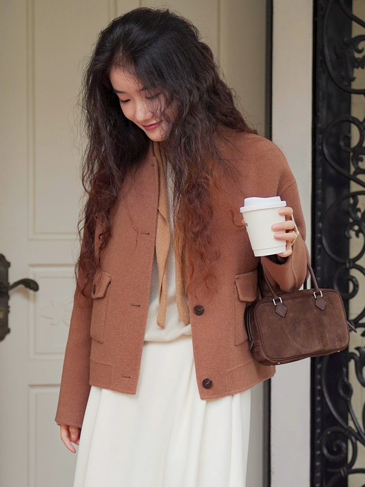 空气绒感 天然90支高支绵羊毛 双面呢短外套FCF3OVC122