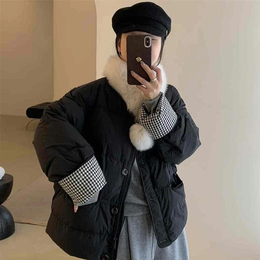 西遇慵懒风短款棉服女冬季新款撞色高级感小个子围脖毛领外套SS051719 商品图3
