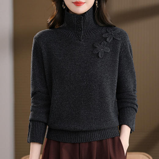 手工扭花半高领羊毛打底衫，内搭100纯羊毛针织衫毛衣CC-103-883 商品图1