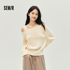 森马针织衫女冬季短款斜肩开叉白色2025新款温柔小个子设计感上衣