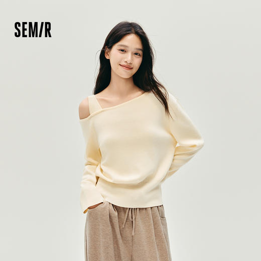 森马针织衫女冬季短款斜肩开叉白色2025新款温柔小个子设计感上衣 商品图0