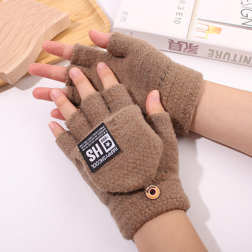 【冬季保暖手套】加厚翻盖两用毛呢露指手套 针织时尚学生骑行写字 商品图11