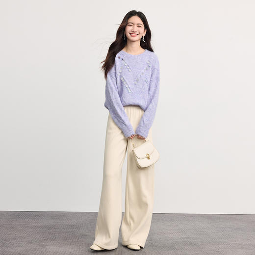 【年货节】熙世界手工亮片紫色毛衣慵懒高级感冬季女装圆领宽松落肩袖针织衫 商品图2