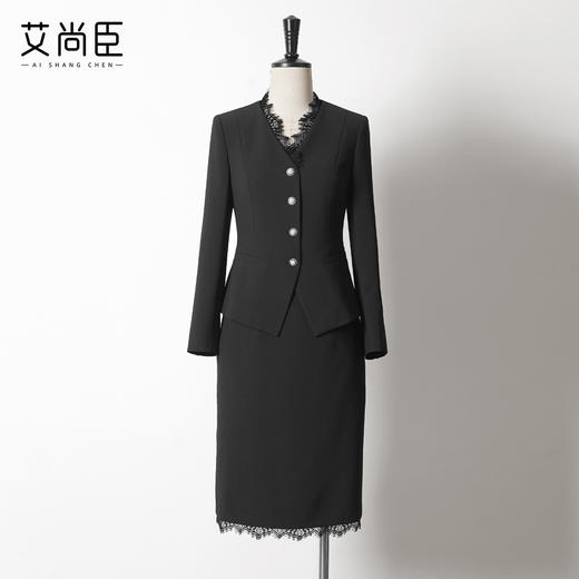 艾尚臣黑色西装套装秋冬职场干练气质女装正式场合职业套裙两件套 商品图1