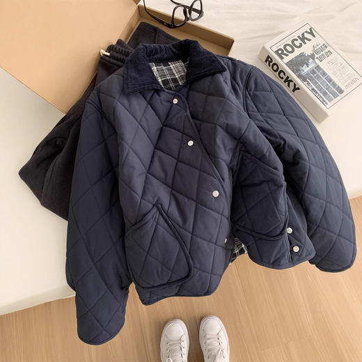 复古藏青色！2025翻领棉服外套女通勤百搭显白秋冬保暖菱格夹棉上衣！ 商品图1