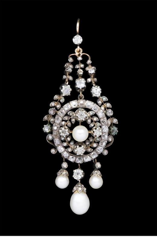 独角鹿西洋古董 19世纪法国出品自然花叶主题黄金底纯银镶嵌钻石及天然海水珍珠流苏造型耳坠一对 商品图2