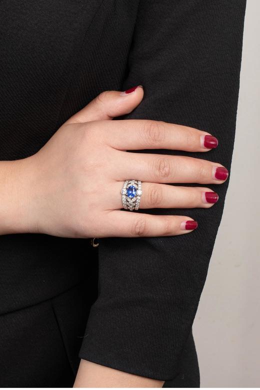 独角鹿西洋古董 20世纪晚期法国出品自然花叶主题铂金镶嵌蓝宝石及钻石戒指 商品图1