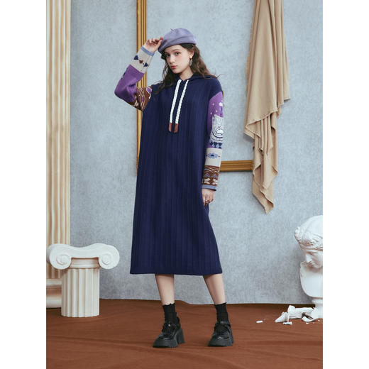 两三事 秋日复调 2025冬季新款复古拼色连帽针织裙宽松连衣裙 商品图3