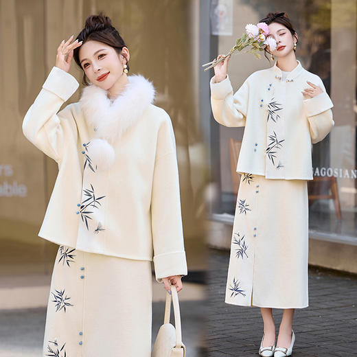 HR ZMFS25919时尚套装裙气质撞色拼接V领西装半身裙两件套 商品图0