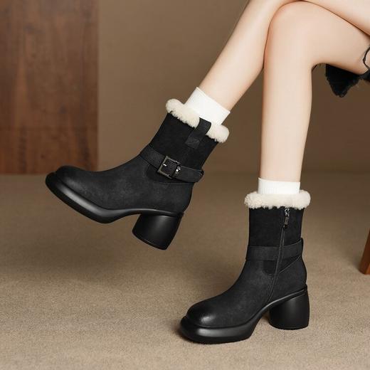 【预售5天】冬季新款时尚粗跟时装靴英伦风黑色高跟小短靴增高显瘦女靴子MLD&AM828 商品图4