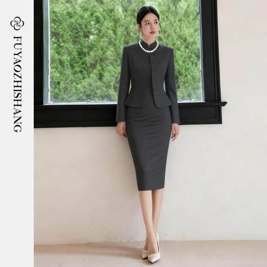 FUYAO扶摇 新中式时尚套装女秋冬慵懒灰复古西服旗袍连衣裙两件套 商品图4