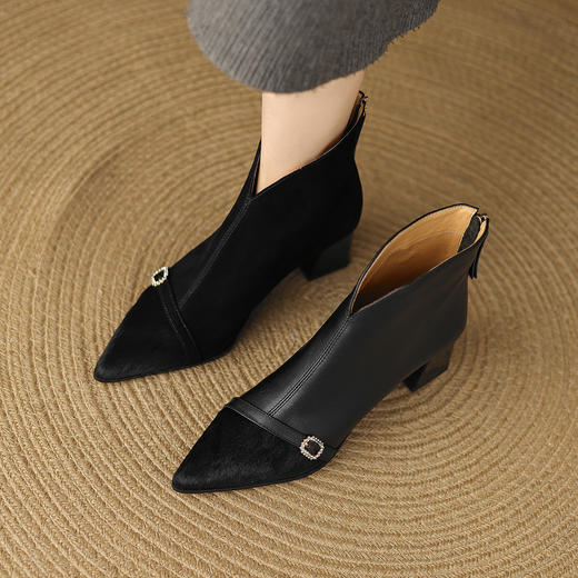 【预售5天】气质粗跟真皮短靴，拼接马丁靴法式尖头瘦瘦靴DS&1918 商品图4
