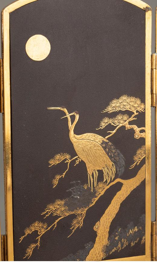 独角鹿西洋古董 1900年代日本明治时期出品东瀛自然图景主题黑地布目镶嵌桌屏 商品图5