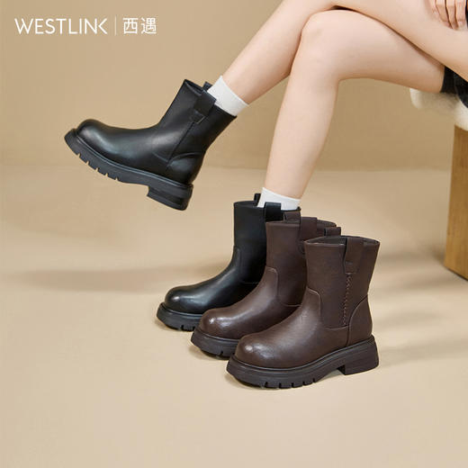 西遇厚底短靴女新款秋冬百搭英伦风马丁靴增高圆头切尔西靴V2257270 商品图0