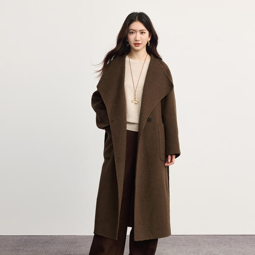 【10/29新品】熙世界廓形宽松长款毛呢大衣女冬季气质优雅棕色纯羊毛双面呢外套 商品图4