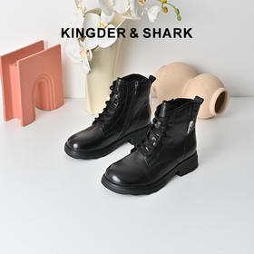 经典鲨2025冬专柜新品百搭黑色牛皮革加绒保暖短筒马丁靴女KW296-558061