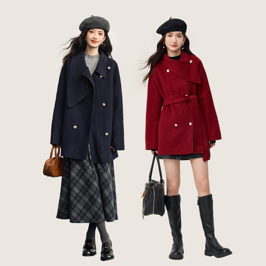 【10/29新品】熙世界千金风双面呢全羊毛大衣女2025秋冬新款围脖领短款毛呢外套 商品图2