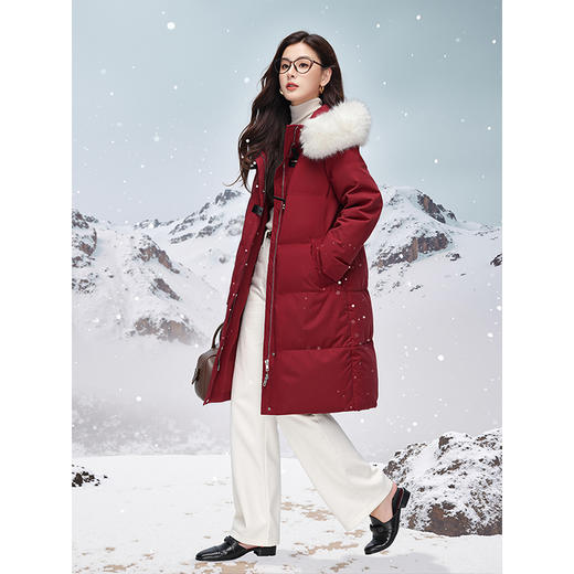 【年货节】熙世界可拆卸毛领90白鸭绒红色羽绒服女中长款时尚保暖外套冬季 商品图4