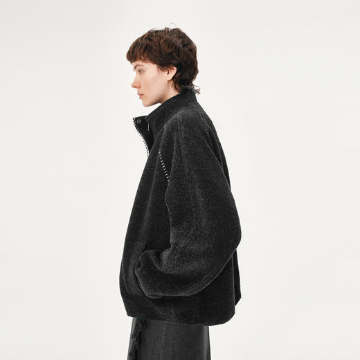 NUTH羊毛混纺撞色编织边宽松廓形毛呢外套女 深灰色（发货时间同步天猫） 商品图3