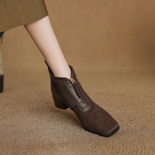 【预售5天】新款马毛拼接裸靴女方头前拉链短靴优雅气质中粗跟舒适时装靴HP&A2615-6 商品图0