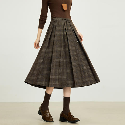 【10/29新品】熙世界复古格纹百褶半身裙女秋冬2025年新款高腰毛呢伞裙中长裙子 商品图4
