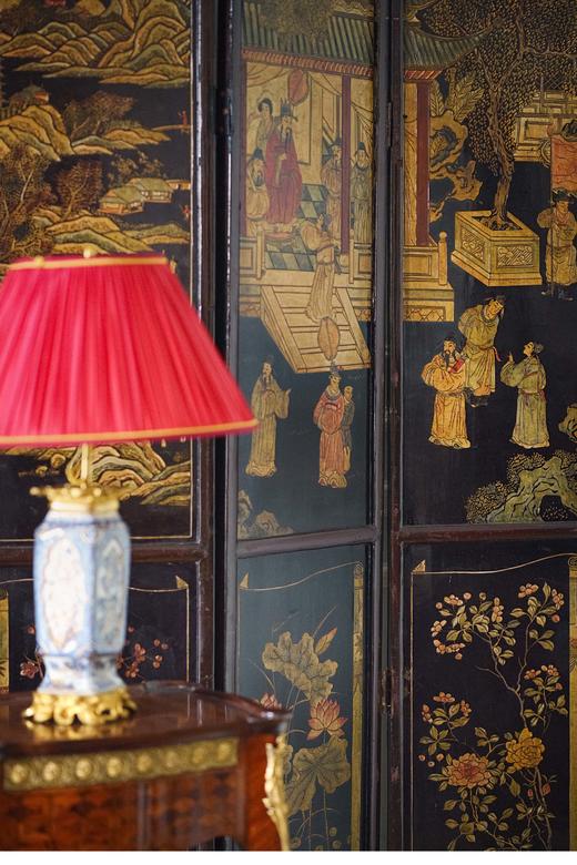 独角鹿西洋古董 「郭子仪祝寿图」主题黑漆地款彩双面六曲屏风 商品图1