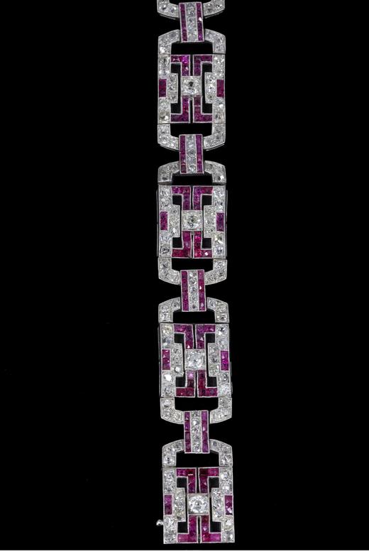 独角鹿西洋古董 1915年代法国出品装饰艺术风格铂金镶嵌红宝石及钻石手链 商品图3