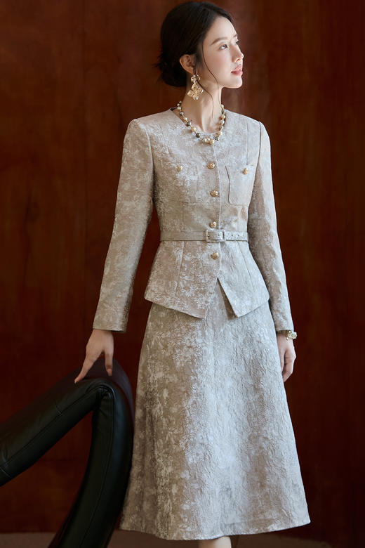 FUYAO扶摇 老钱风西装外套女轻奢高端新中式提花西服套装裙两件套 商品图5