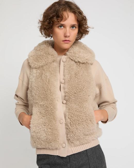 Yves Salomon - VEST LONG HAIR LAMB/KNITWEAR MERINOS WOOL - FICELLE - 女装 - 背心 - 淡灰褐色 商品图2