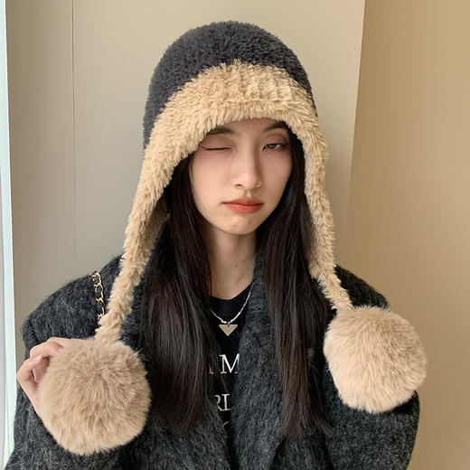 54-58cm【加绒柔软不勒头❗️透气防风显可爱】冬季防寒帽大头围毛绒挂球可耐护耳帽子女遮耳加绒加厚拼色针织帽。hb 商品图6