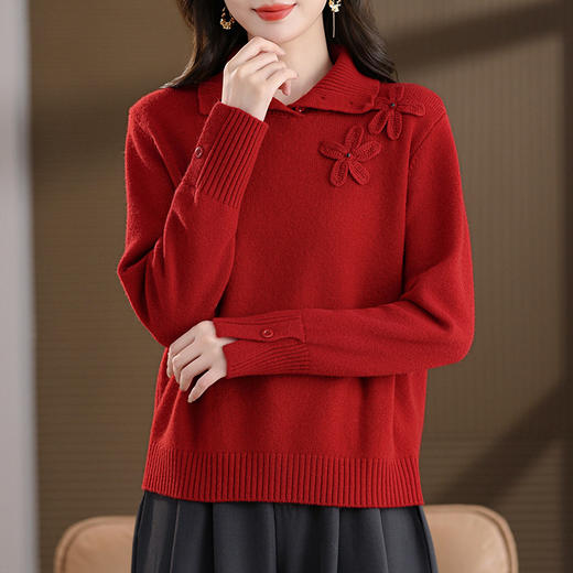 手工扭花半高领羊毛打底衫，内搭100纯羊毛针织衫毛衣CC-103-883 商品图3