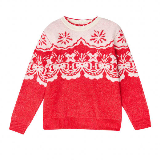 笛莎Deesha 童装女童毛衣2025冬新款花纹提花红色毛衣 商品图4