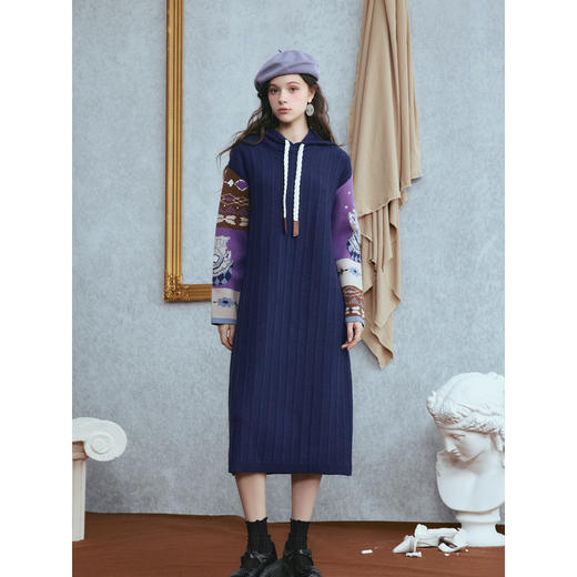 两三事 秋日复调 2025冬季新款复古拼色连帽针织裙宽松连衣裙 商品图1