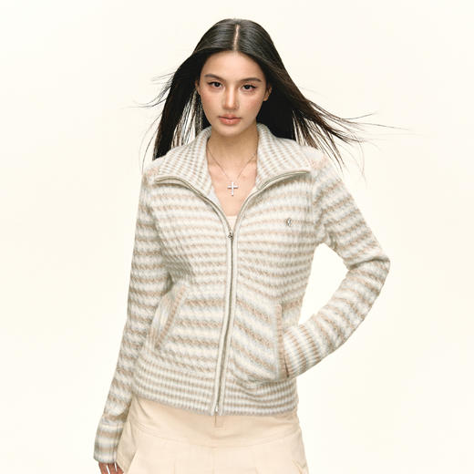 Ariseism 美式复古条纹立领毛衣外套女秋季新款上衣 商品图1