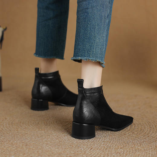 【预售5天】新款马毛拼接裸靴女方头前拉链短靴优雅气质中粗跟舒适时装靴HP&A2615-6 商品图4