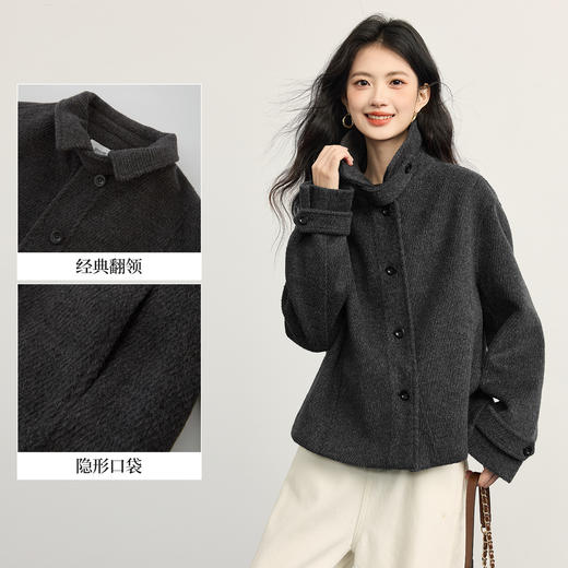 【10/29新品】熙世界星空灰夹棉毛呢外套女秋冬新款羊毛翻领大衣小个子短款上衣 商品图1