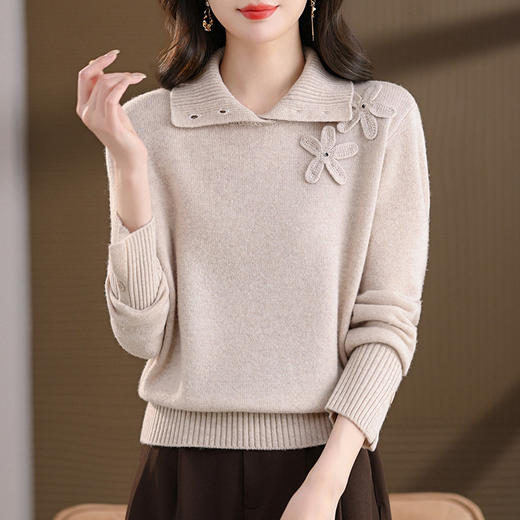 手工扭花半高领羊毛打底衫，内搭100纯羊毛针织衫毛衣CC-103-883 商品图0