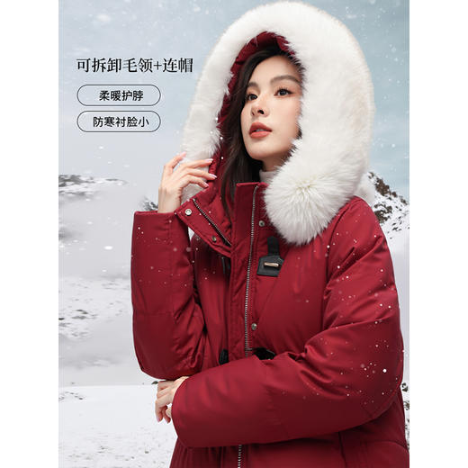【年货节】熙世界可拆卸毛领90白鸭绒红色羽绒服女中长款时尚保暖外套冬季 商品图2
