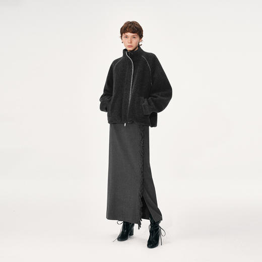 NUTH羊毛混纺撞色编织边宽松廓形毛呢外套女 深灰色（发货时间同步天猫） 商品图1