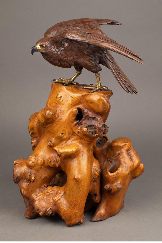 独角鹿西洋古董 1890年代日本明治时期出品硬木底座装饰雄鹰造型镀金赤铜雕塑 商品图0