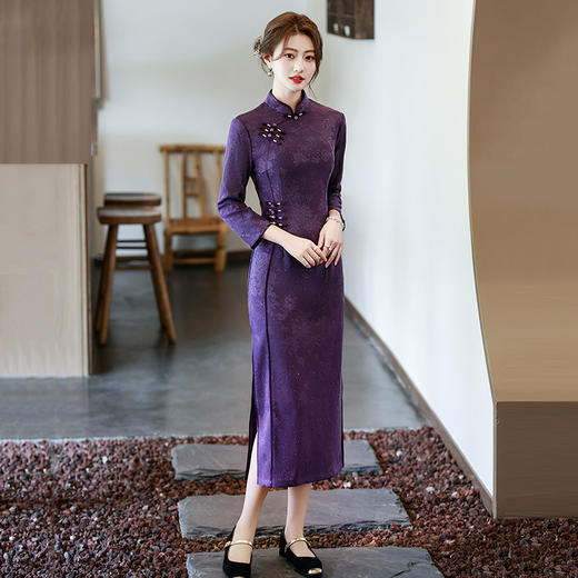 秋冬紫色妈妈装长袖旗袍2025新款复古修身收腰SC22062 商品图1