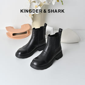 经典鲨2025冬季专柜新款牛皮革百搭黑色圆头一脚蹬潮酷短筒靴KG25-558201