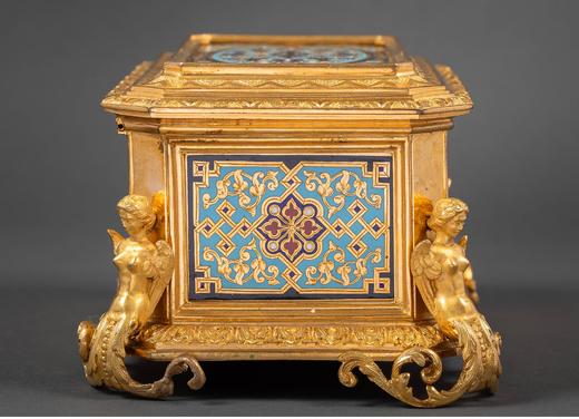 独角鹿西洋古董 19世纪末法国出品古典神话人物主题铜鎏金精雕装饰錾胎珐琅珍宝盒 商品图2