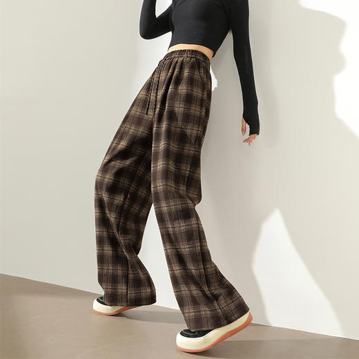 西遇咖色格纹直筒裤女新款复古高腰抽绳休闲百搭休闲裤D0043924（单层） 商品图1
