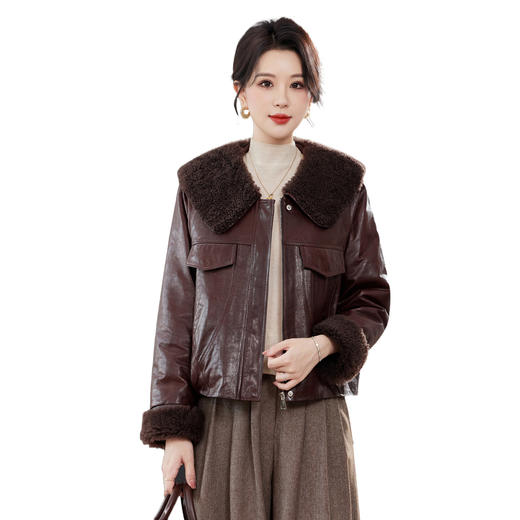 TC 23575鹅绒休闲皮衣韩版皮夹克上衣宽松外套绵羊皮 商品图4