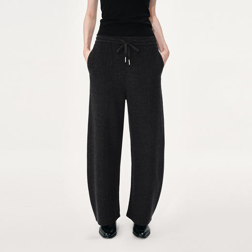 NUTH深灰色羊毛混纺松紧腰抽绳直筒休闲裤女 商品图2