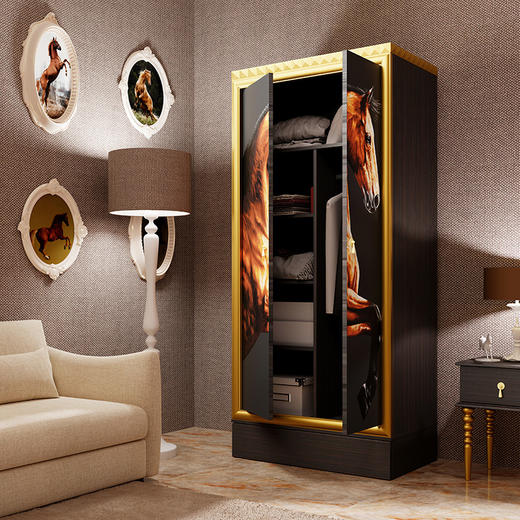 墨喜梦宝骐高定黑金骏马衣柜新古典洛可可刺绣图像实木双门柜 商品图1