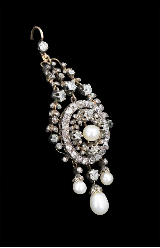 独角鹿西洋古董 19世纪法国出品自然花叶主题黄金底纯银镶嵌钻石及天然海水珍珠流苏造型耳坠一对 商品图4