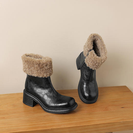 【预售5天】显瘦轻便毛靴冬季新款圆头舒适百搭粗高跟保暖短靴女雪地靴NX&cs88186 商品图4